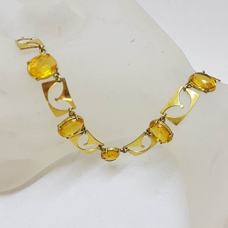 Plated Yellow Stone Necklace / Chain - German - Vintage Costume Jewellery