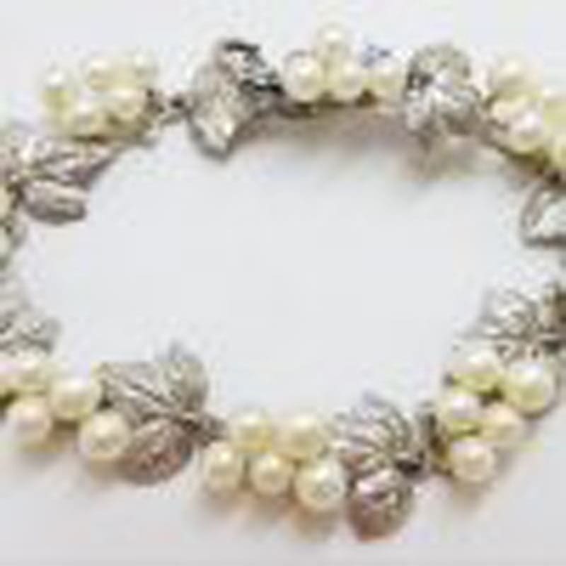 Sterling Silver Stunning Ornate Leaf Design Cultured Pearl Bracelet - Vintage / Antique