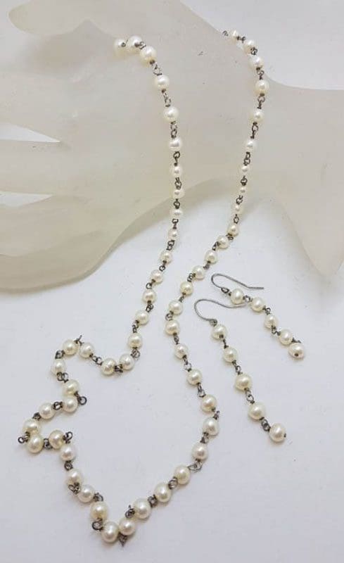 Sterling Silver Long Pearl Necklace with Matching Earring Set - Vintage