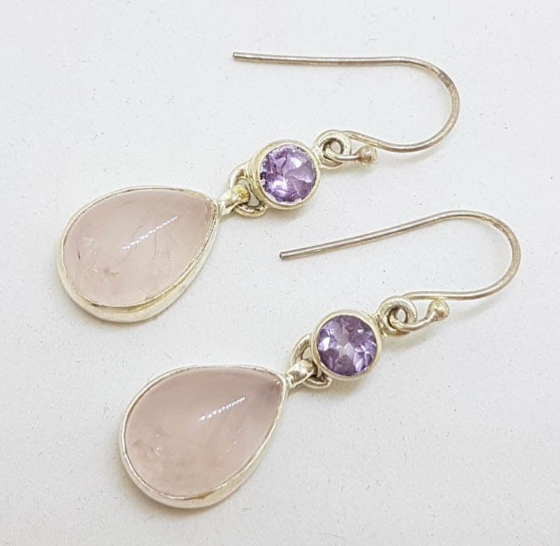 Sterling Silver Cabochon Cut Rose Quartz and Amethyst Drop Earrings