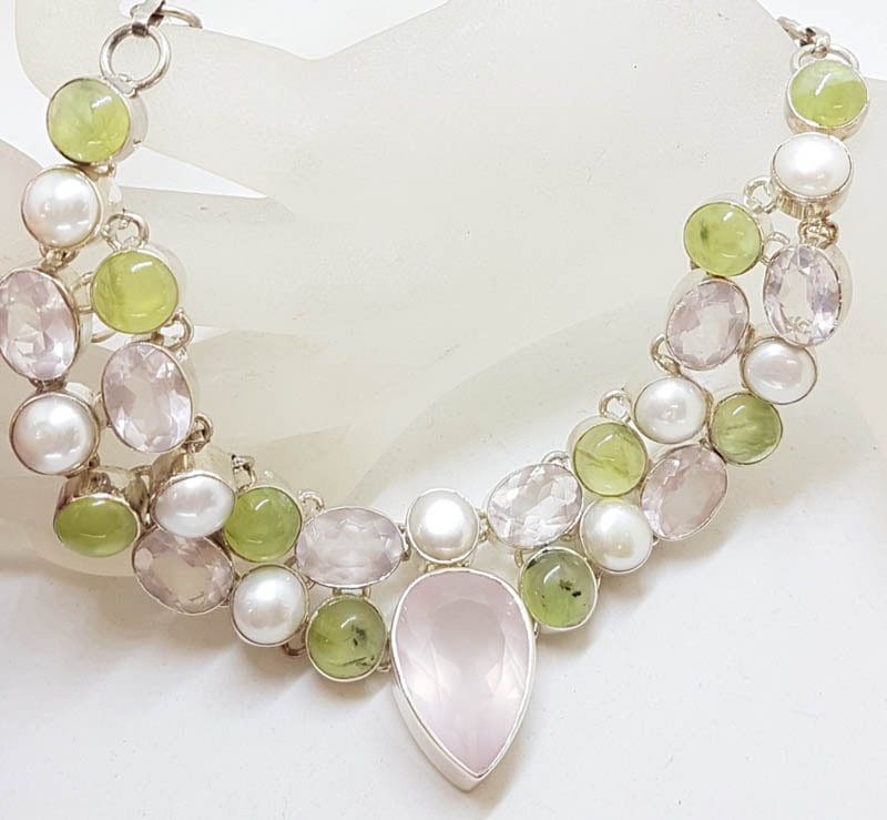 Sterling Silver Large Cluster Rose Quartz, Prehnite and Pearl Collier Necklace / Chain