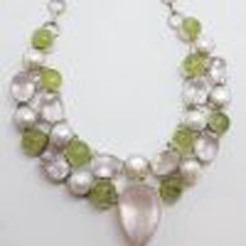 Sterling Silver Large Cluster Rose Quartz, Prehnite and Pearl Collier Necklace / Chain