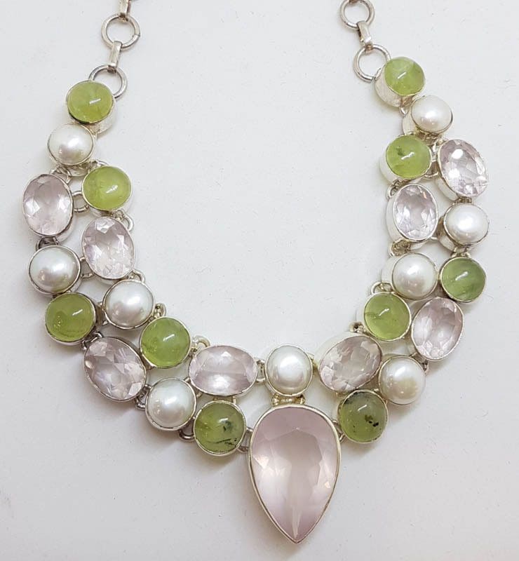 Sterling Silver Large Cluster Rose Quartz, Prehnite and Pearl Collier Necklace / Chain