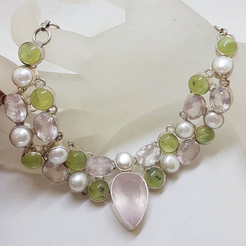 Sterling Silver Large Cluster Rose Quartz, Prehnite and Pearl Collier Necklace / Chain