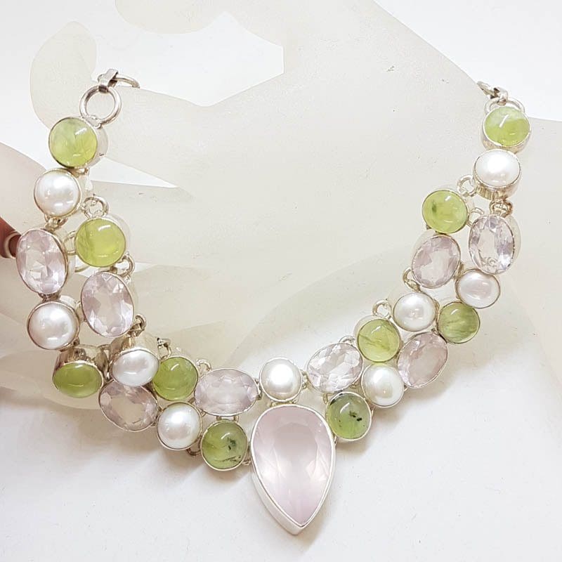 Sterling Silver Large Cluster Rose Quartz, Prehnite and Pearl Collier Necklace / Chain