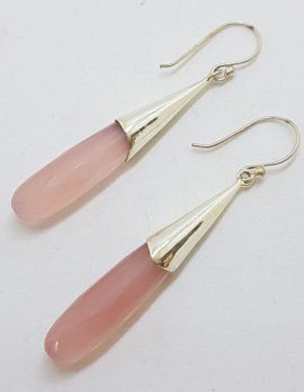 Sterling Silver Very Long Rose Quartz Cone Style Drop Earrings
