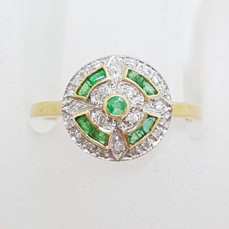 9ct Yellow Gold with White Gold Natural Emerald and Diamond Round Cluster Ring - Art Deco Style