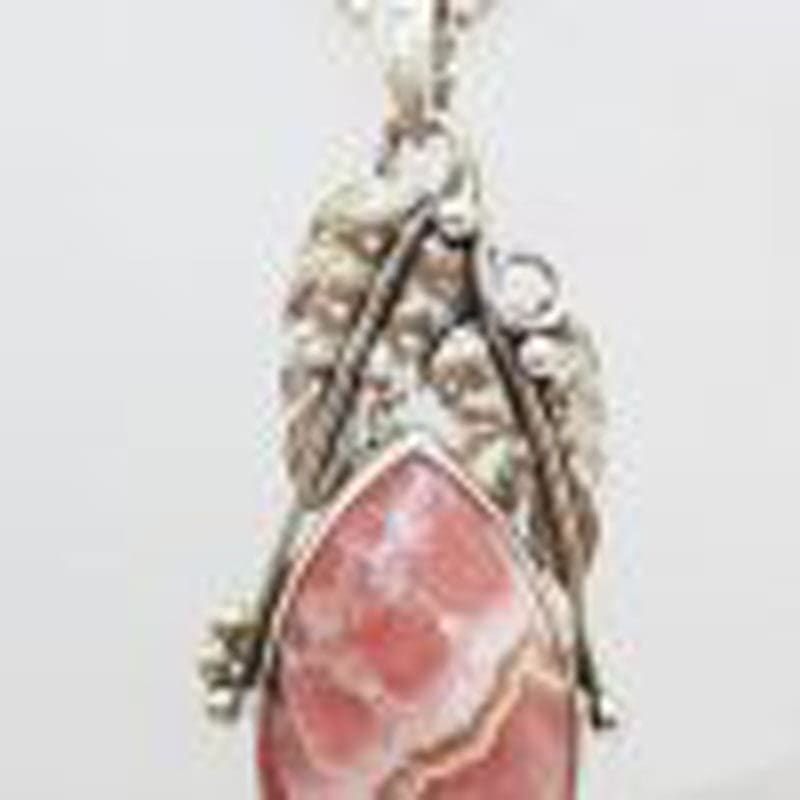 Sterling Silver Ornate Leaf Design Teardrop Shape Rhodochrosite Pendant on Silver Chain