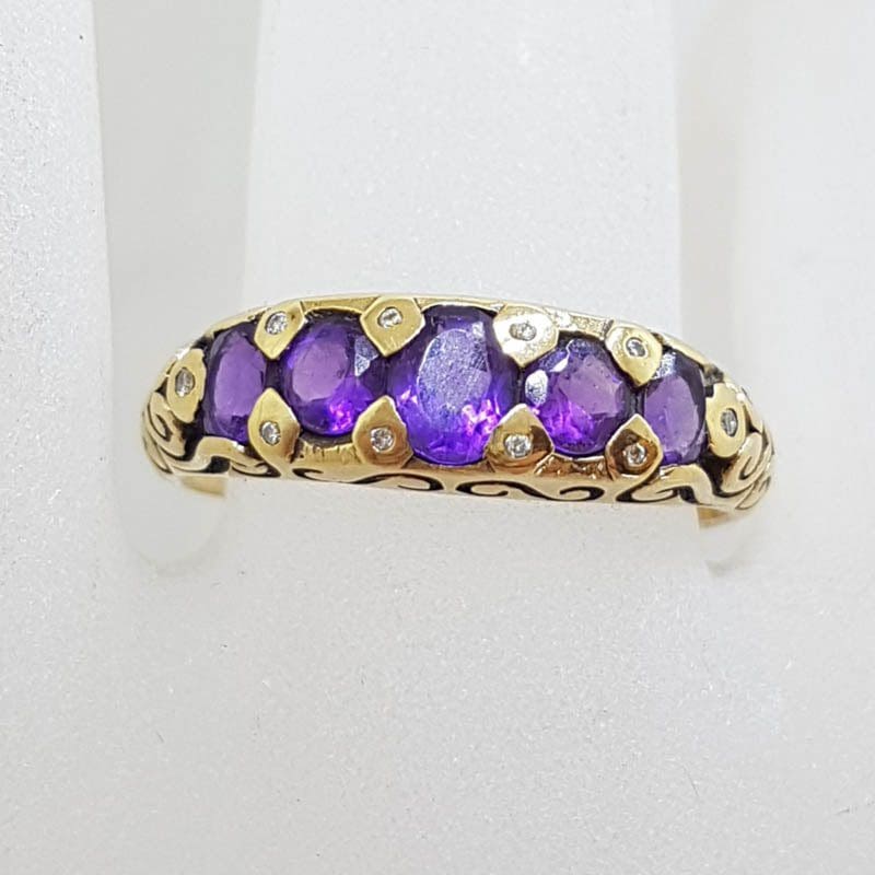 9ct Yellow Gold Amethyst and Diamond Ornate Bridge Set Ring