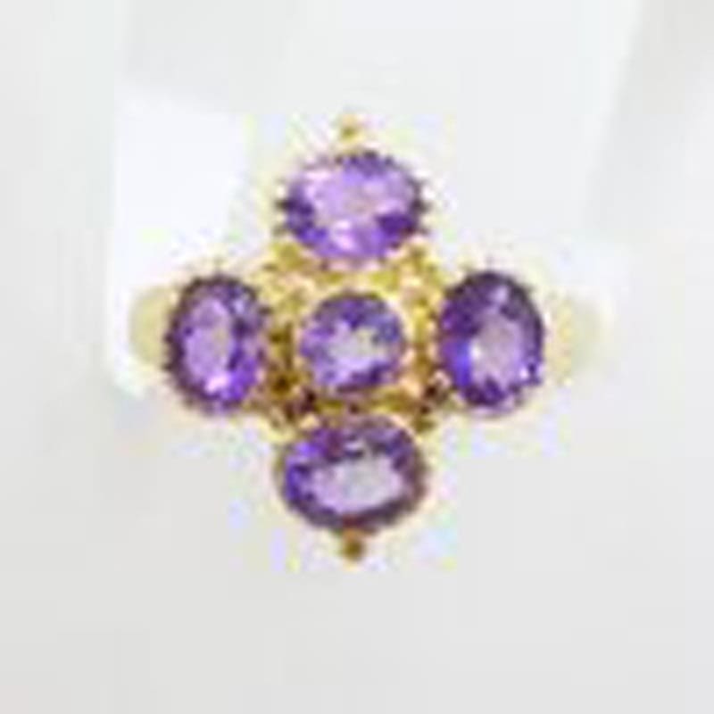 9ct Yellow Gold Five Amethyst in Cross Shape Ring