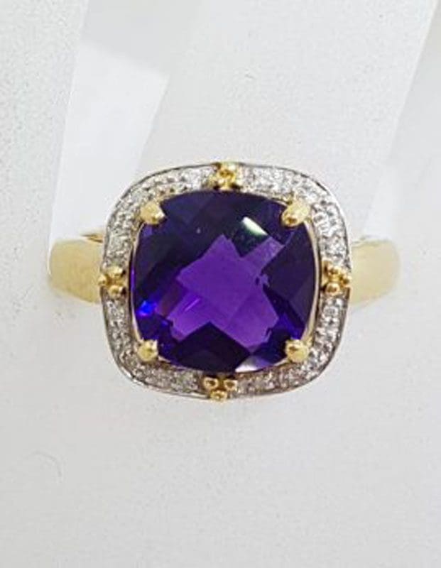 9ct Yellow Gold Square Amethyst and Diamond Cluster Ring