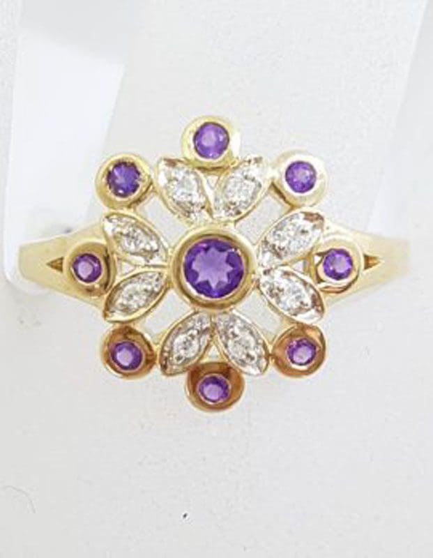 9ct Yellow Gold Amethyst and Diamond Cluster Ring - Snowflake / Flower