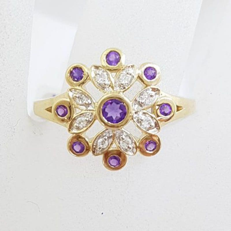 9ct Yellow Gold Amethyst and Diamond Cluster Ring - Snowflake / Flower