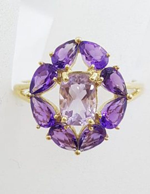9ct Yellow Gold Large Unusual Oval Cluster Amethyst Ring