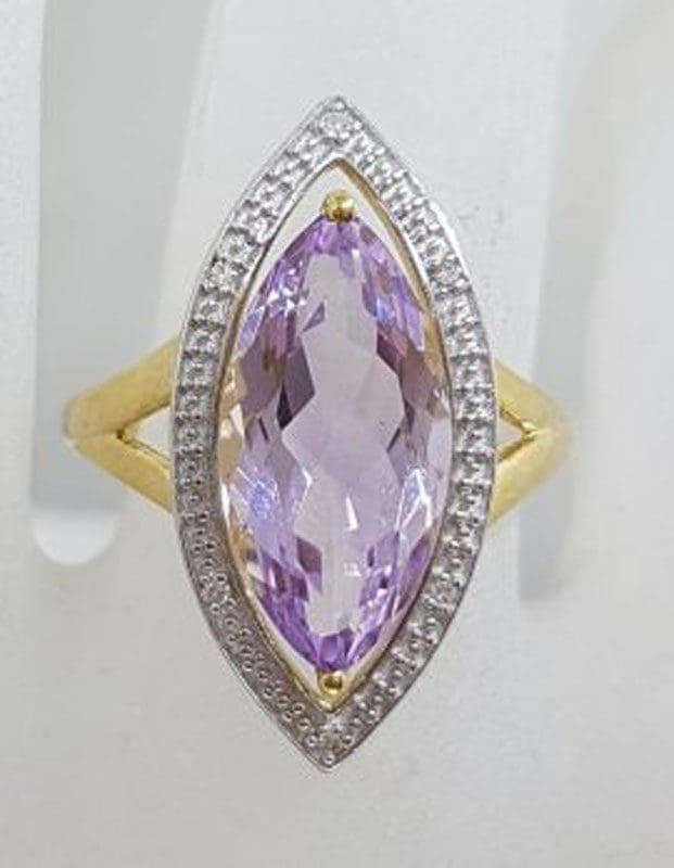 9ct Yellow Gold Large Amethyst and Diamond Marquis Shape Cluster Ring
