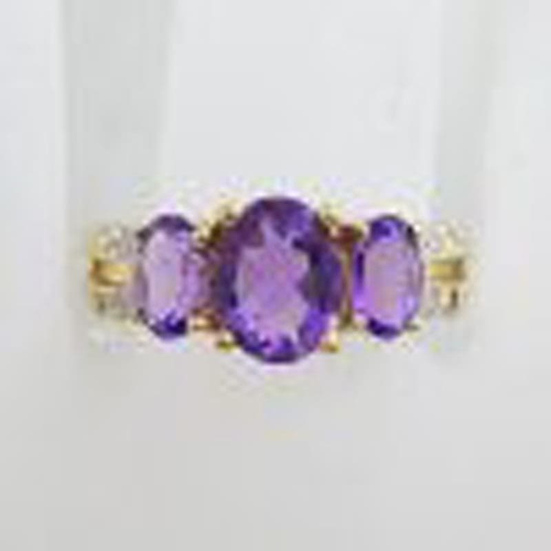 9ct Yellow Gold 3 Oval Amethyst with Diamonds Bridge Set Ring - Trilogy Ring