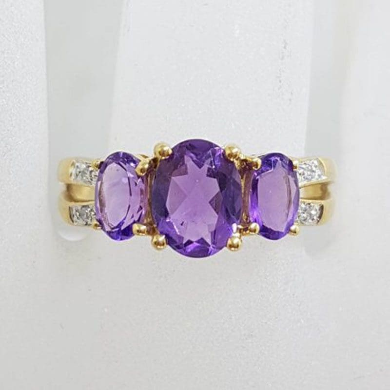 9ct Yellow Gold 3 Oval Amethyst with Diamonds Bridge Set Ring - Trilogy Ring