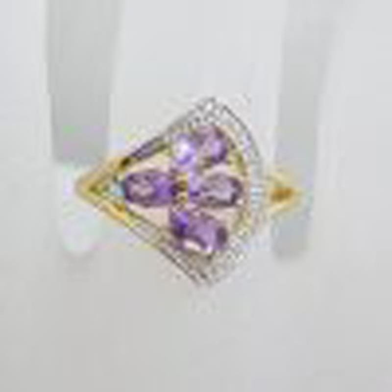 9ct Yellow Gold Amethyst, Topaz and Diamond Fan Shaped Cluster Ring