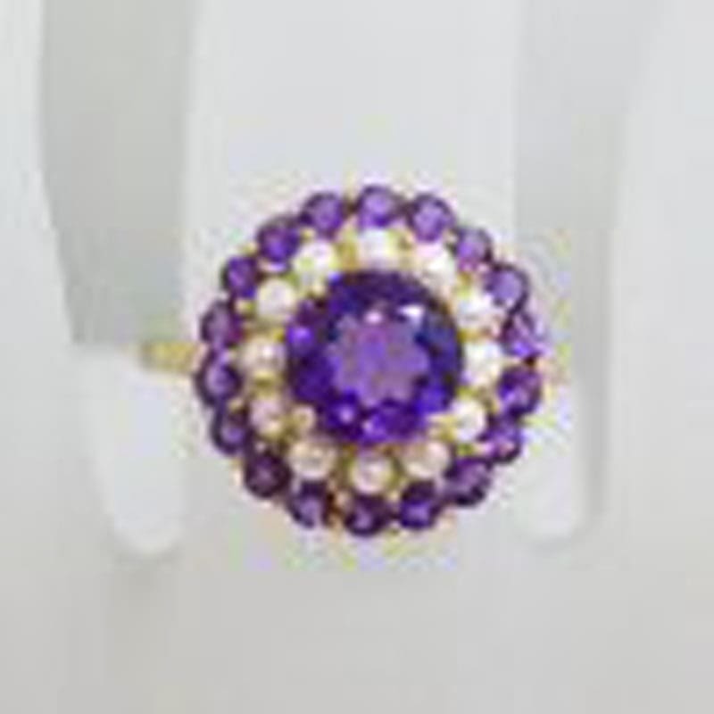 9ct Yellow Gold Amethyst and Seedpearl Round Cluster Ring
