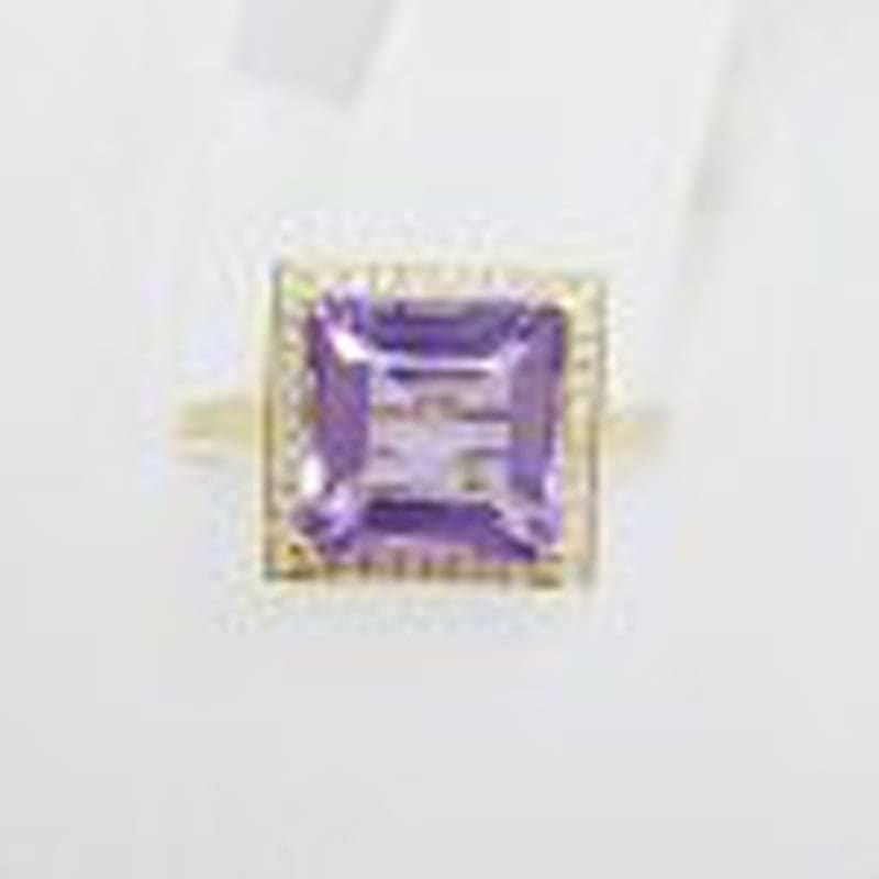 9ct Yellow Gold Large Square Amethyst and Diamond Cluster Ring