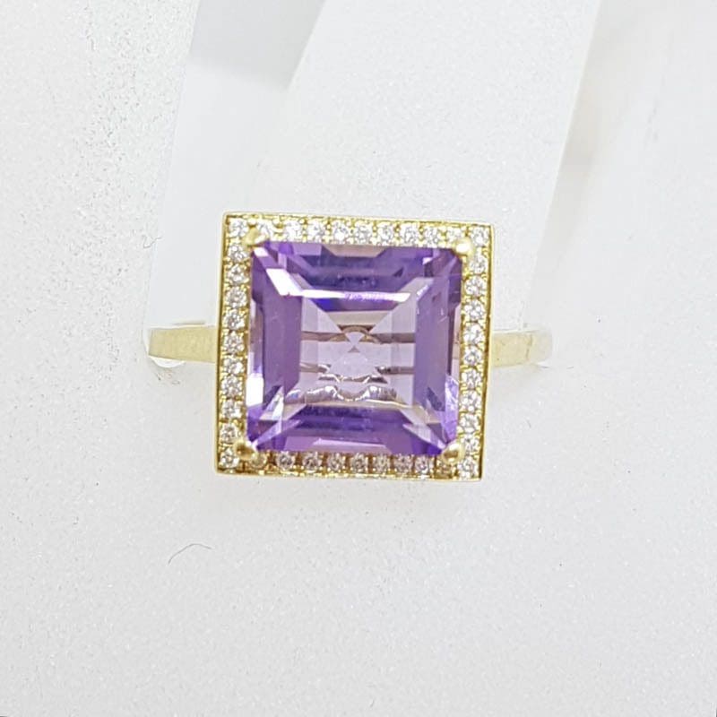 9ct Yellow Gold Large Square Amethyst and Diamond Cluster Ring