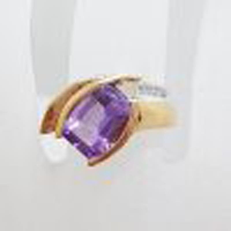 9ct Rose Gold Large Amethyst with Diamond Ring - Unusual Shape Ring