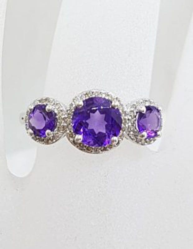 9ct White Gold Three Round Amethyst surrounded by Diamonds Trilogy Ring