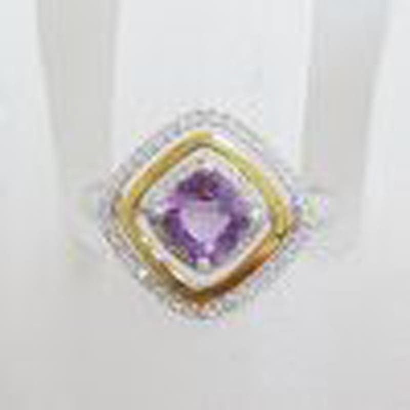 9ct Yellow Gold and White Gold Amethyst and Diamond Cluster Ring - Square