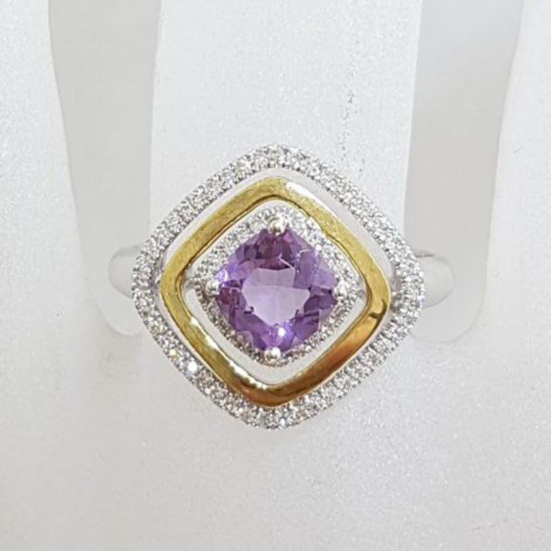 9ct Yellow Gold and White Gold Amethyst and Diamond Cluster Ring - Square