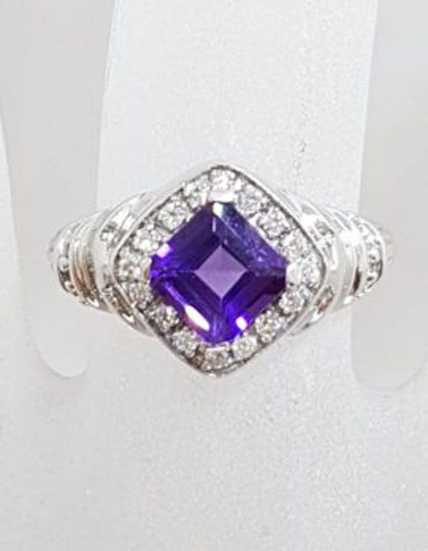9ct White Gold Square Amethyst with Diamond Large Cluster Ring