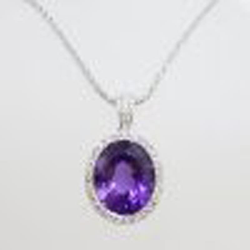9ct White Gold Oval Amethyst and Diamond Cluster Pendant on 9ct Chain