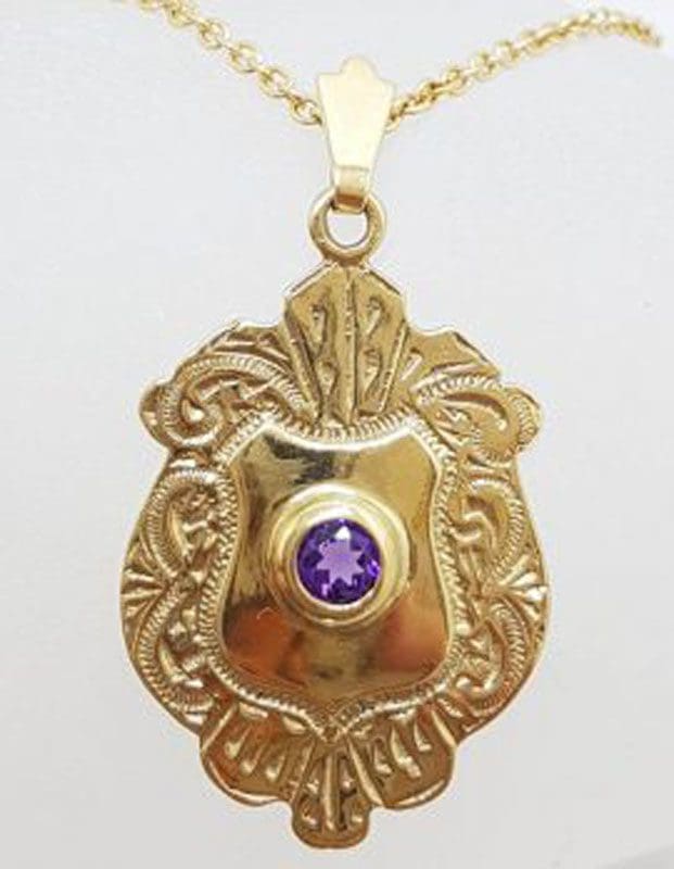 9ct Yellow Gold Amethyst Large Medallion / Shield Pendant on Gold Chain