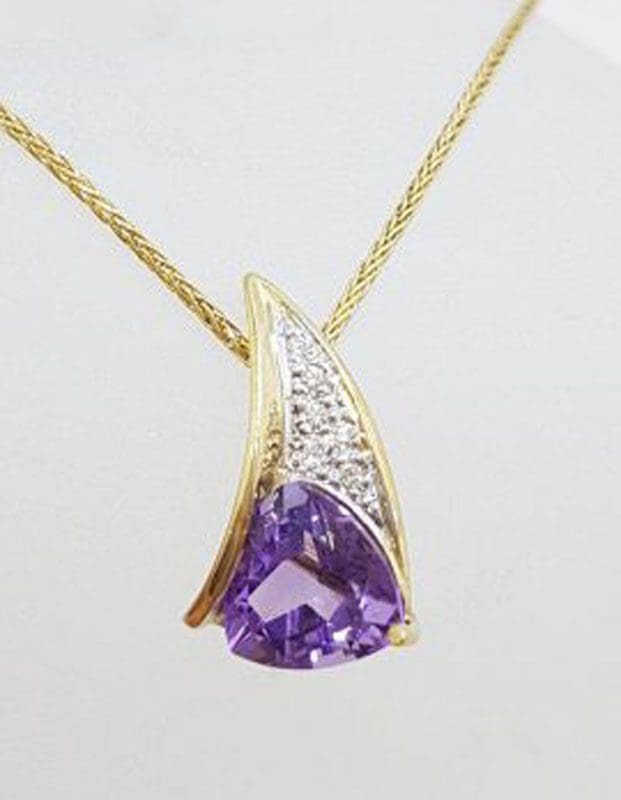 9ct Yellow Gold Unusual Amethyst and Diamond Pendant on Gold Snake Chain