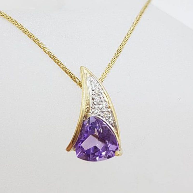9ct Yellow Gold Unusual Amethyst and Diamond Pendant on Gold Snake Chain