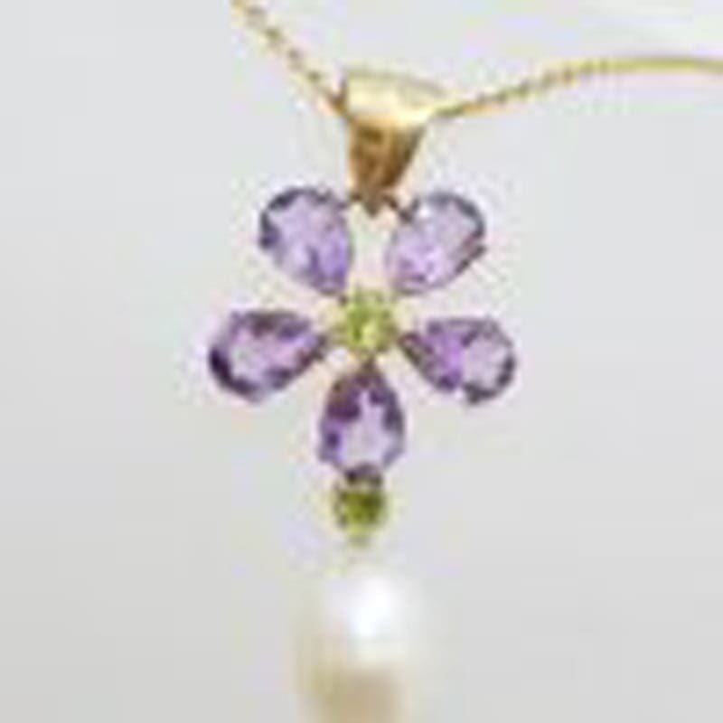 9ct Yellow Gold Pearl, Amethyst & Peridot Large Flower Pendant on Gold Chain