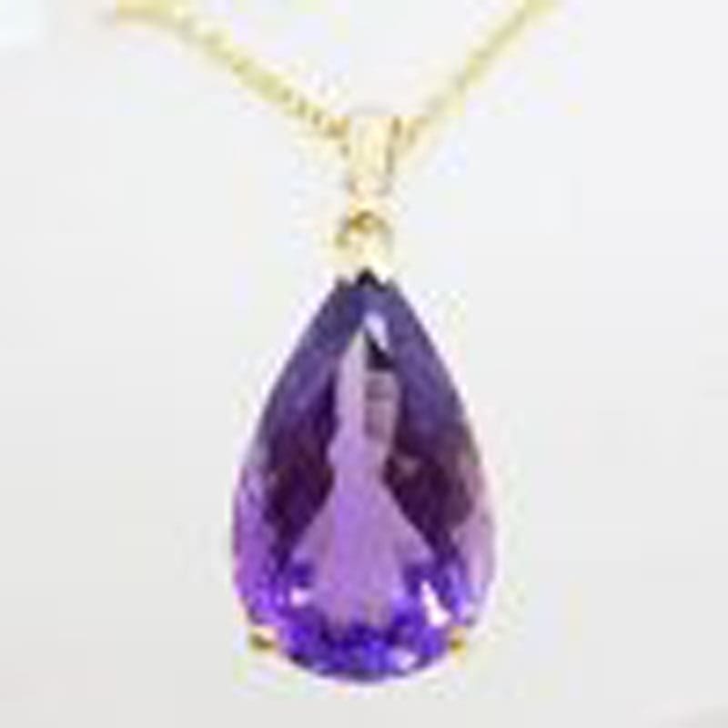 9ct Yellow Gold Large Teardrop / Pear Shape Claw Set Amethyst Pendant on Gold Chain