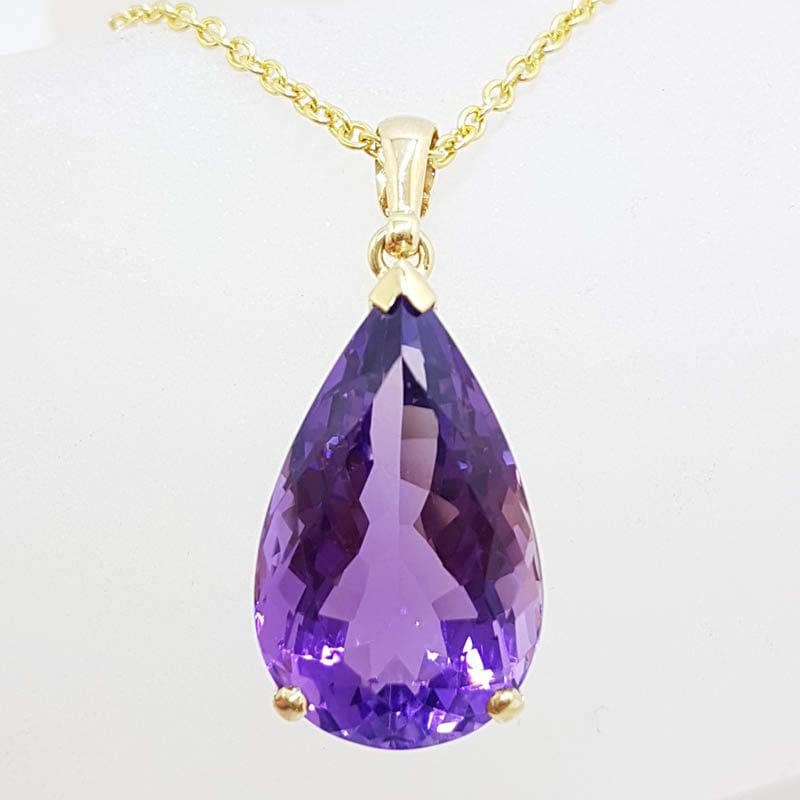 20210518_155725 9ct Yellow Gold Large Teardrop / Pear Shape Claw Set Amethyst Pendant on Gold Chain