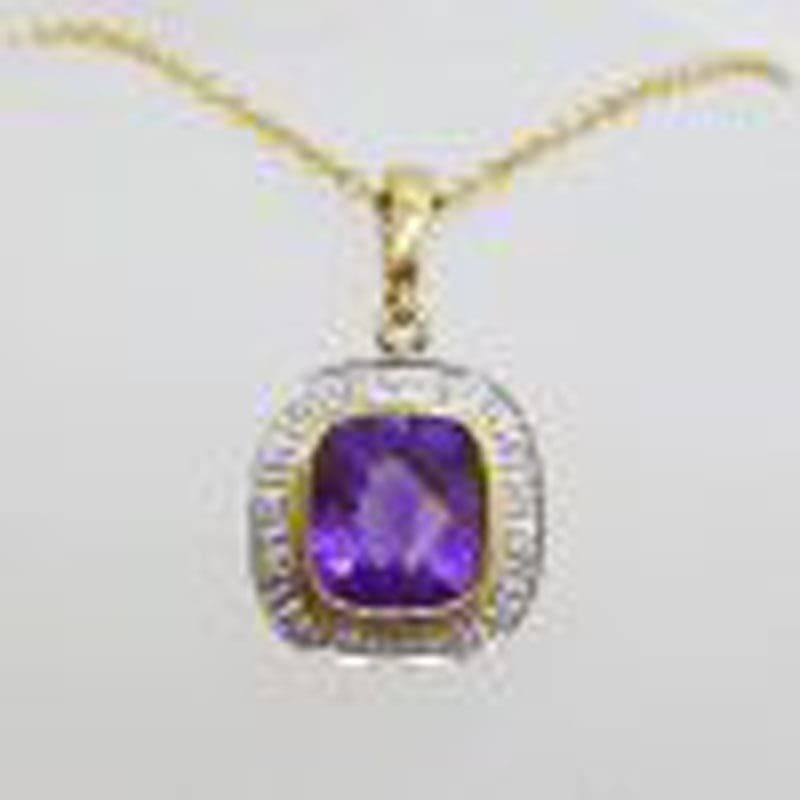 9ct Gold Amethyst and Diamond Square Pendant on 9ct Chain