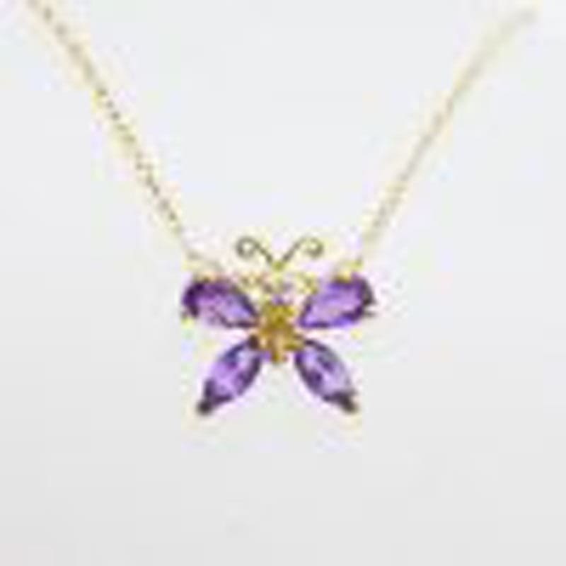 9ct Yellow Gold Amethyst and Diamond Butterfly Pendant on Gold Chain