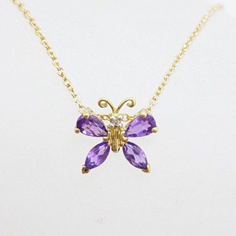 9ct Yellow Gold Amethyst and Diamond Butterfly Pendant on Gold Chain