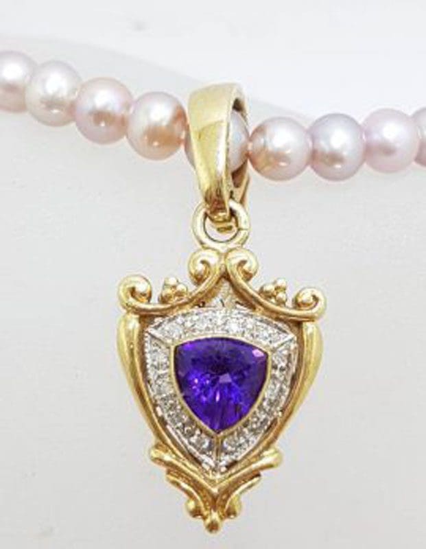 9ct Yellow Gold Shield Shape Amethyst surrounded by Diamonds Enhancer Pendant on Pearl Necklace