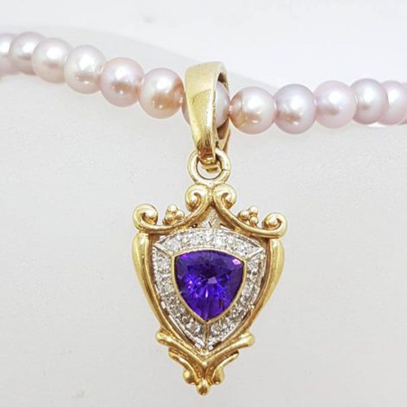 9ct Yellow Gold Shield Shape Amethyst surrounded by Diamonds Enhancer Pendant on Pearl Necklace