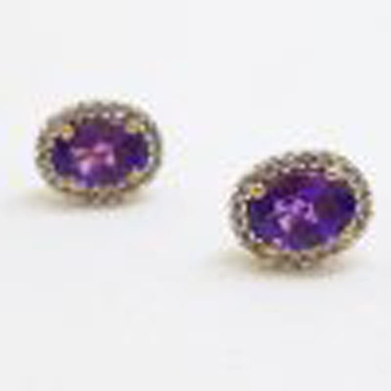 9ct Yellow Gold Amethyst and Diamond Oval Cluster Studs / Earrings