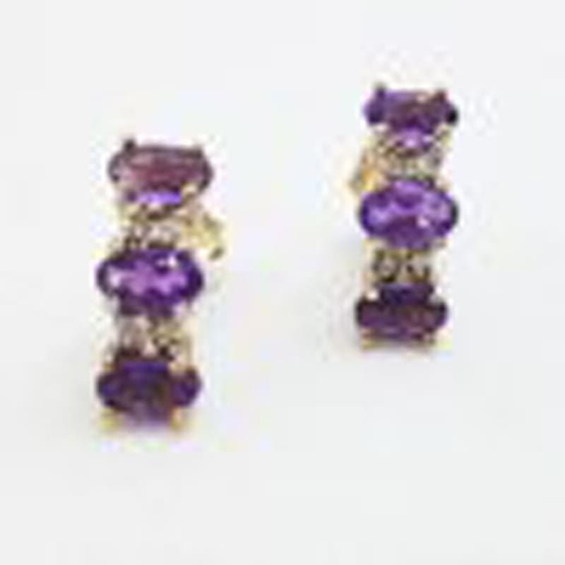 9ct Yellow Gold Amethyst and Diamond Studs / Earrings