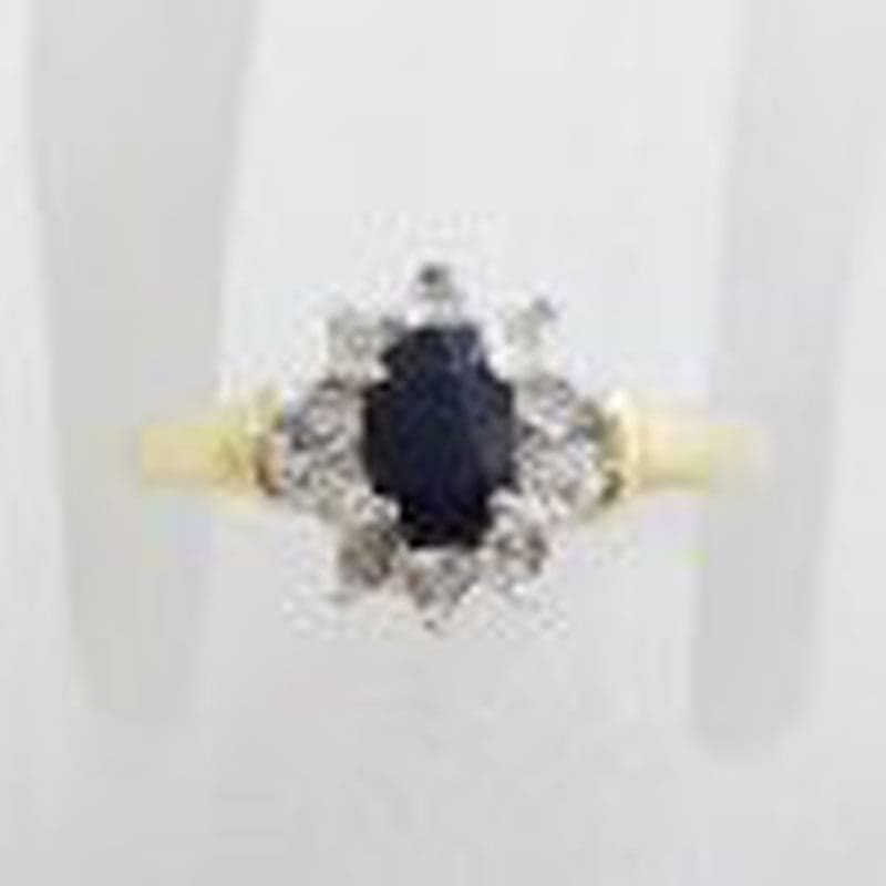 9ct Yellow Gold Natural Sapphire and Diamond Oval Cluster Ring - Vintage