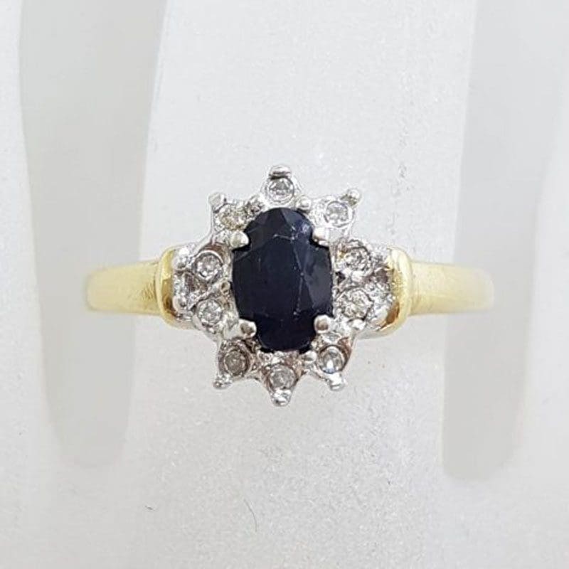 9ct Yellow Gold Natural Sapphire and Diamond Oval Cluster Ring - Vintage