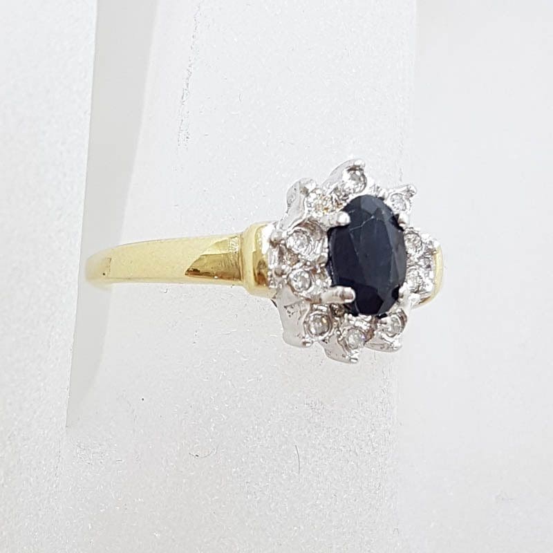 9ct Yellow Gold Natural Sapphire and Diamond Oval Cluster Ring - Vintage