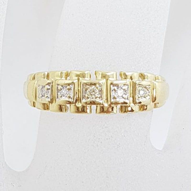 9ct Yellow Gold 5 Diamond Band Ring - Antique / Vintage