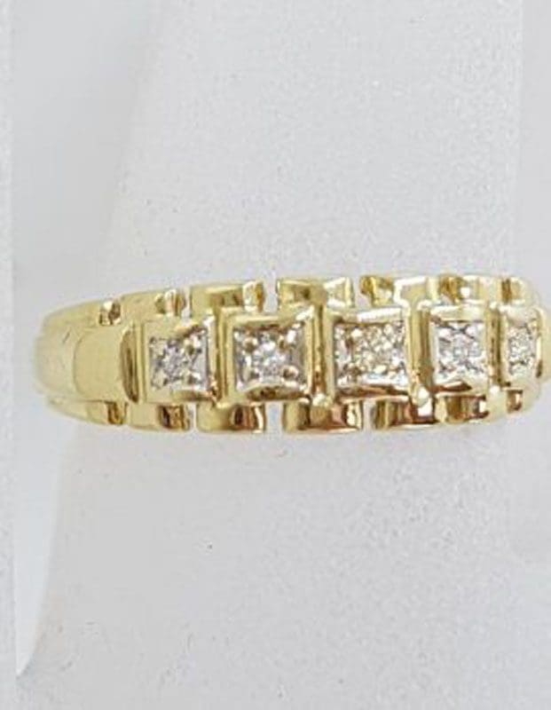 9ct Yellow Gold 5 Diamond Band Ring - Antique / Vintage