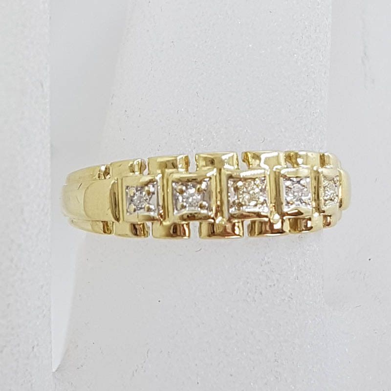 9ct Yellow Gold 5 Diamond Band Ring - Antique / Vintage